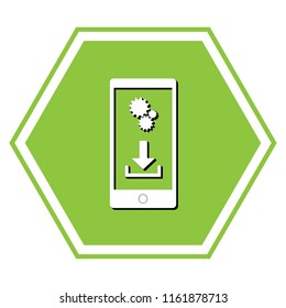 Phone settings. Download and install apps. Vector. White icon with black shadow at yellow green honeycomb on white background.