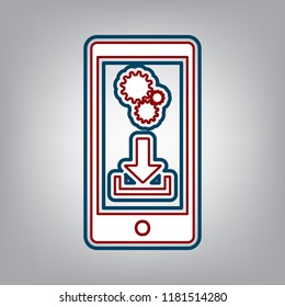 Phone settings. Download and install apps. Vector. Dark red, transparent and midnight green stroke of white icon at grayish background.
