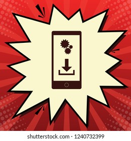 Phone settings. Download and install apps. Vector. Dark red icon in lemon chiffon shutter bubble at red popart background with rays.