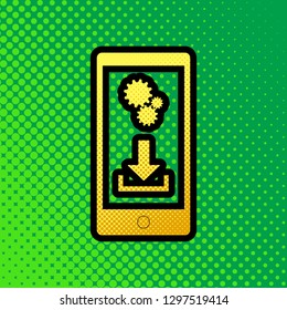 Phone settings. Download and install apps. Vector. Pop art orange to yellow dots-gradient icon with black contour at greenish background.