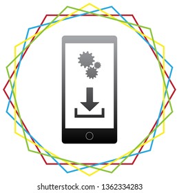 Phone settings. Download and install apps. Vector. Black icon with patch of light inside colorful hexagonal frames at white background.