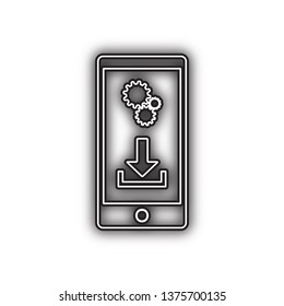 Phone settings. Download and install apps. Vector. Double contour black icon with soft shadow at white background. Isolated.