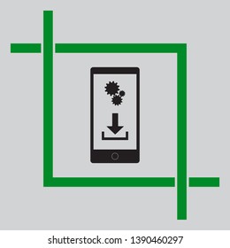 Phone settings. Download and install apps. Black icon inside green crop tool at light gray background
