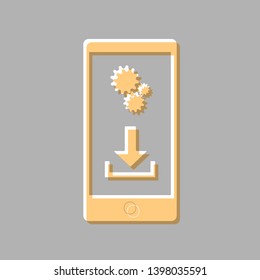 Phone settings. Download and install apps. Emboss effect with light orange icon on gray background.