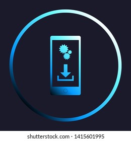Phone settings. Download and install apps. White, cyan and blue gradient icon as round button in white shell at dark blue background. Illustration.