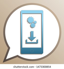 Phone settings. Download and install apps. Bright cerulean icon in white speech balloon at pale taupe background. Illustration.
