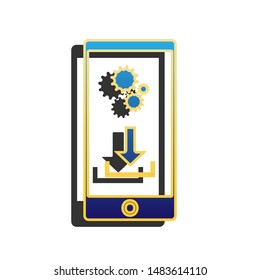 Phone settings. Download and install apps. Blue icon with gold contour with dark gray shadow at white background. Illustration.