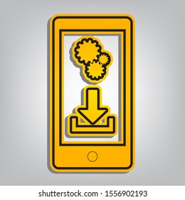 Phone settings. Download and install apps. Flat orange icon with overlapping linear black icon with gray shadow at whitish background. Illustration.