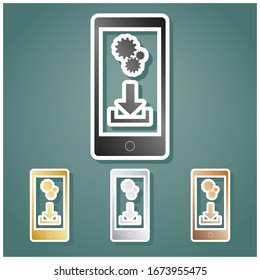 Phone settings. Download and install apps. Set of metallic Icons with gray, gold, silver and bronze gradient with white contour and shadow at viridan background. Illustration.