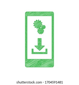 Phone settings. Download and install apps. Green scribble Icon with solid contour on white background. Illustration.