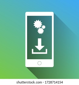 Configuración del teléfono. Descargar e instalar aplicaciones. Icono blanco con sombra ilimitada gris sobre fondo verde a azul. Ilustración.