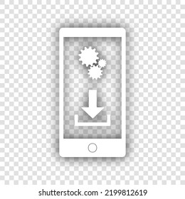 Configuración del teléfono. Descargar e instalar aplicaciones. Icono blanco con sombra gris natural caída en fondo transparente. Ilustración.
