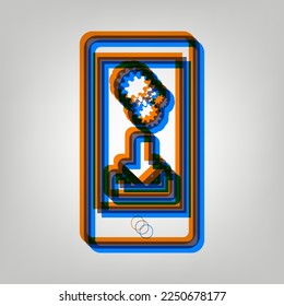 Configuración del teléfono. Descargar e instalar aplicaciones. Icono marcado en colores naranja, azul y lavanda antigua en fondo gris. Ilustración.