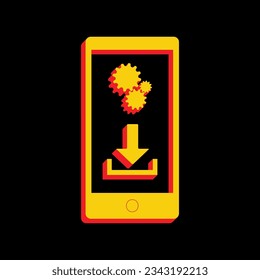 Phone settings. Download and install apps. 3D Extruded Yellow Icon with Red Sides a Black background. Illustration.