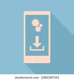 Configuración del teléfono. Descargar e instalar aplicaciones. Icono de seda crudo con una sombra muy larga en el fondo azul cielo oscuro. Ilustración.