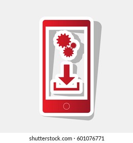 Phone settings. Download and install apps. Vector. New year reddish icon with outside stroke and gray shadow on light gray background.