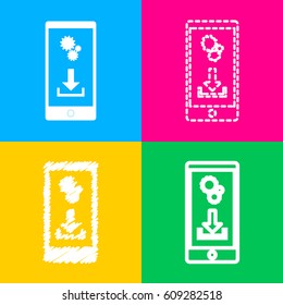 Phone settings. Download and install apps. Four styles of icon on four color squares.