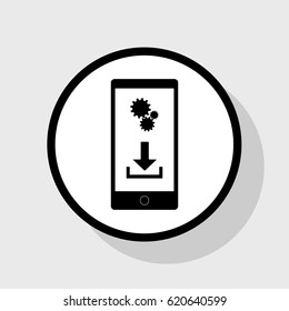 Phone settings. Download and install apps. Vector. Flat black icon in white circle with shadow at gray background.