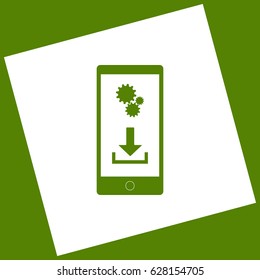 Phone settings. Download and install apps. Vector. White icon obtained as a result of subtraction rotated square and path. Avocado background.