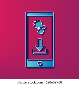 Phone settings. Download and install apps. Vector. Blue 3d printed icon on magenta background.