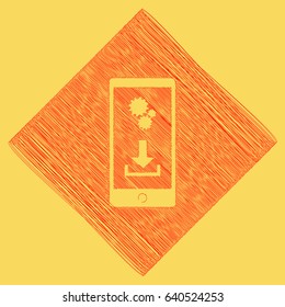 Phone settings. Download and install apps. Vector. Red scribble icon obtained as a result of subtraction rhomb and path. Royal yellow background.