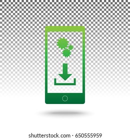Phone settings. Download and install apps. Vector. Green gradient icon with shadow at bottom on transparent and white background.