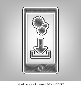 Phone settings. Download and install apps. Vector. Pencil sketch imitation. Dark gray scribble icon with dark gray outer contour at gray background.