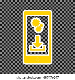 Phone settings. Download and install apps. Vector. Yellow icon with white contour on dark transparent background.