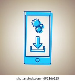Phone settings. Download and install apps. Vector. Sky blue icon with defected blue contour on beige background.