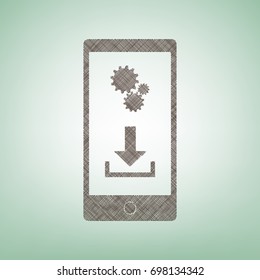 Phone settings. Download and install apps. Vector. Brown flax icon on green background with light spot at the center.