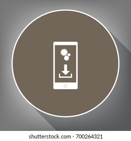 Phone settings. Download and install apps. Vector. White icon on brown circle with white contour and long shadow at gray background. Like top view on postament.