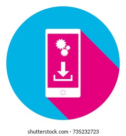Phone settings. Download and install apps. Vector. Flat white icon with mexican pink shadow inside sky blue(S and G) circle at white background. Isolated. Trend colors in 2017.