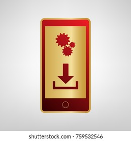 Phone settings. Download and install apps. Vector. Red icon on gold sticker at light gray background.