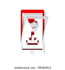 Phone settings. Download and install apps. Vector. Detachable paper icon with red body stock. Isolated.