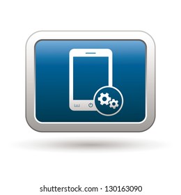 Phone with settings menu icon on the blue with silver rectangular button. Vector illustration
