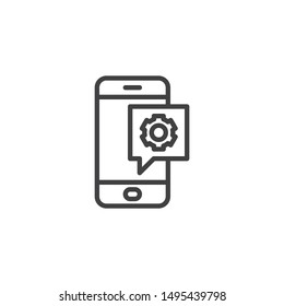 Phone settings notification line icon. Mobile repair support linear style sign for mobile concept and web design. Smartphone with gear outline vector icon. Symbol, logo illustration. Vector graphics