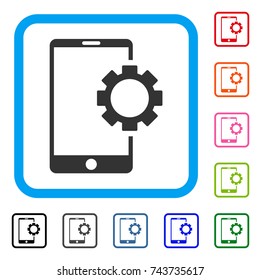 Phone Setup Gear icon. Flat grey iconic symbol in a blue rounded rectangular frame. Black, gray, green, blue, red, orange color additional versions of Phone Setup Gear vector.