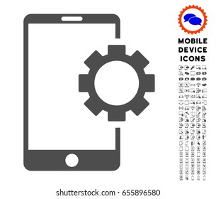 Phone Setup Gear icon with smartphone pictogram collection. Vector illustration style is a flat iconic symbol, gray colors. Designed for web and software interfaces.