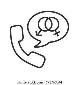Phone sex linear icon. Thin line illustration. Handset with man and woman gender signs inside speech bubble. Contour symbol. Vector isolated outline drawing