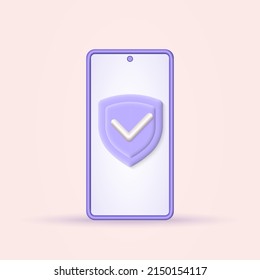 Phone with shield 3d icon. Mobile security concept. Privacy, secure, safe sign. Smartphone data protection design. Vector illustration.
