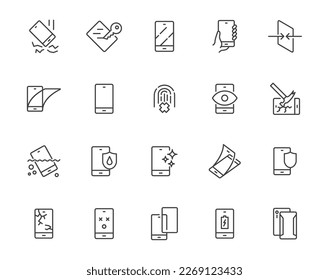 Phone shield protect line icon set. Smartphone single glass scratch protect screen accessory vector line icon.