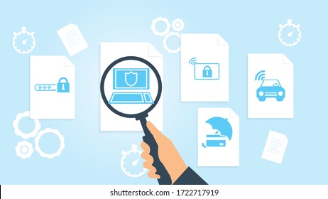 Phone shield, security file, document research vector illustration. Document with search icons. File and magnifying glass. Analytics research sign. Vector Illustration