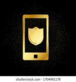 Phone shield, security gold icon. Vector illustration of golden particle background.