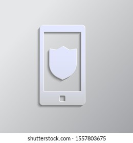 Phone shield, security icon paper style. Grey color vector background