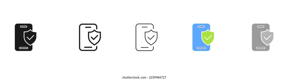 Teléfono con icono de juego de escudos. Contraseña, protección, seguridad, patrón, defensa, datos personales, material privado, clave gráfica. Concepto Escudo. Vector cinco ícono de estilo diferente en fondo blanco