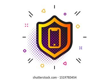 Phone shield sign. Halftone circles pattern. Smartphone protection icon. Mobile device symbol. Classic flat smartphone protection icon. Vector