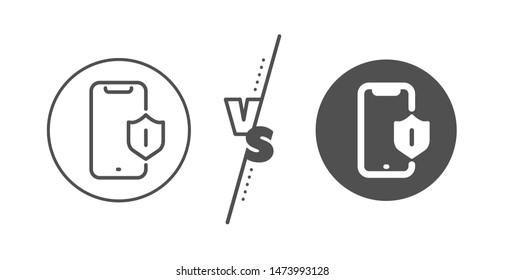 Phone shield sign. Versus concept. Smartphone protection line icon. Mobile device symbol. Line vs classic smartphone protection icon. Vector