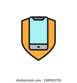 Phone with shield, smartphone protection flat color line icon.