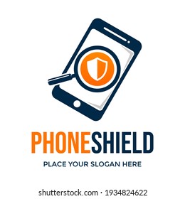 Phone shield vector logo template. This design use magnifying glass. Suitable for screening phone.