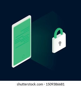 Phone with shining screen with lock template for advertisement for security app or website. Vector illustration